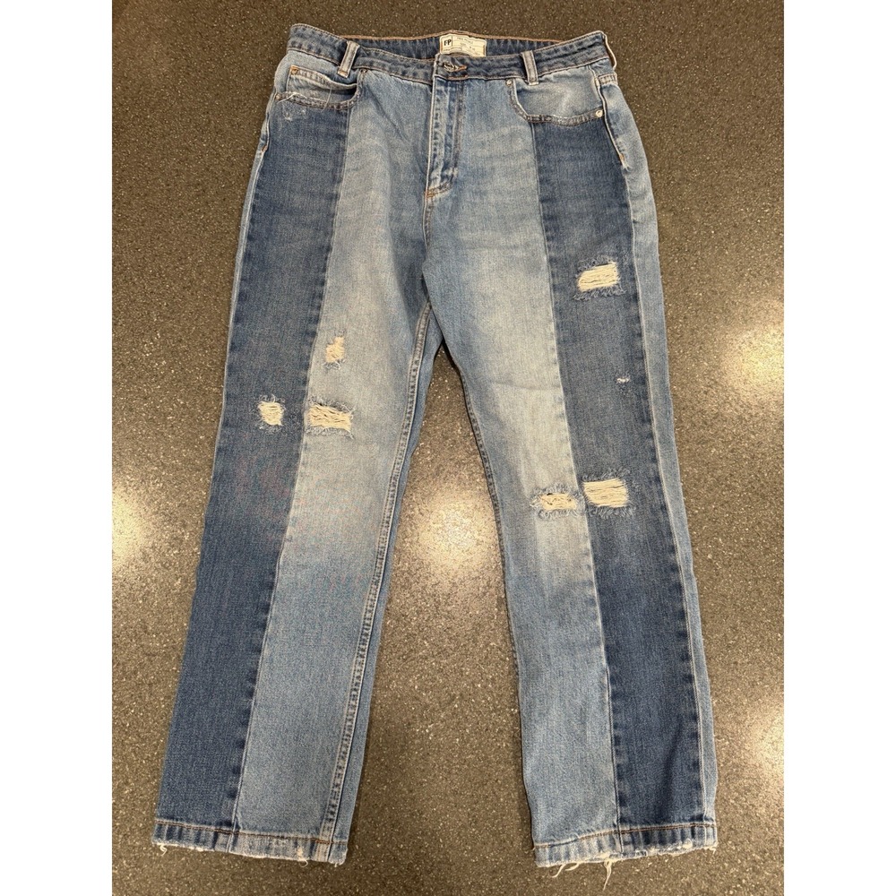 Free People Two-Tone High-Rise Patchwork Jeans in Light and Dark Blue